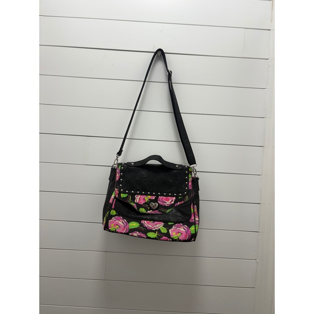 BETSEYVILLE Messenger Bag Top Handle Satchel Bag Faux Leather Trim Roses Studded